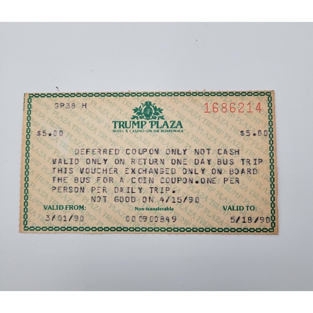 Trump Plaza Casino Coin Chip Voucher 90s Altantic City Boardwalk Very Good
